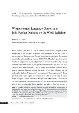 Wittgensteinian Language-Games in an Indo-Persian Dialogue on the World Religions,” Iran Nameh, 30:3 (Fall 2015), LXXXVIII-CXVII