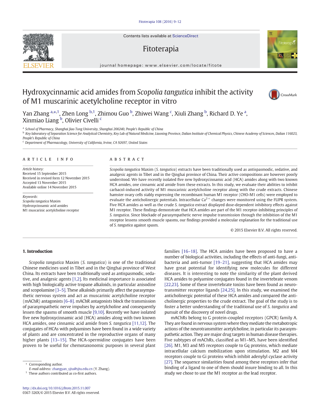 Hydroxycinnamic Acid Amides from Scopolia Tangutica Inhibit the Activity of M1 Muscarinic Acetylcholine Receptor in Vitro