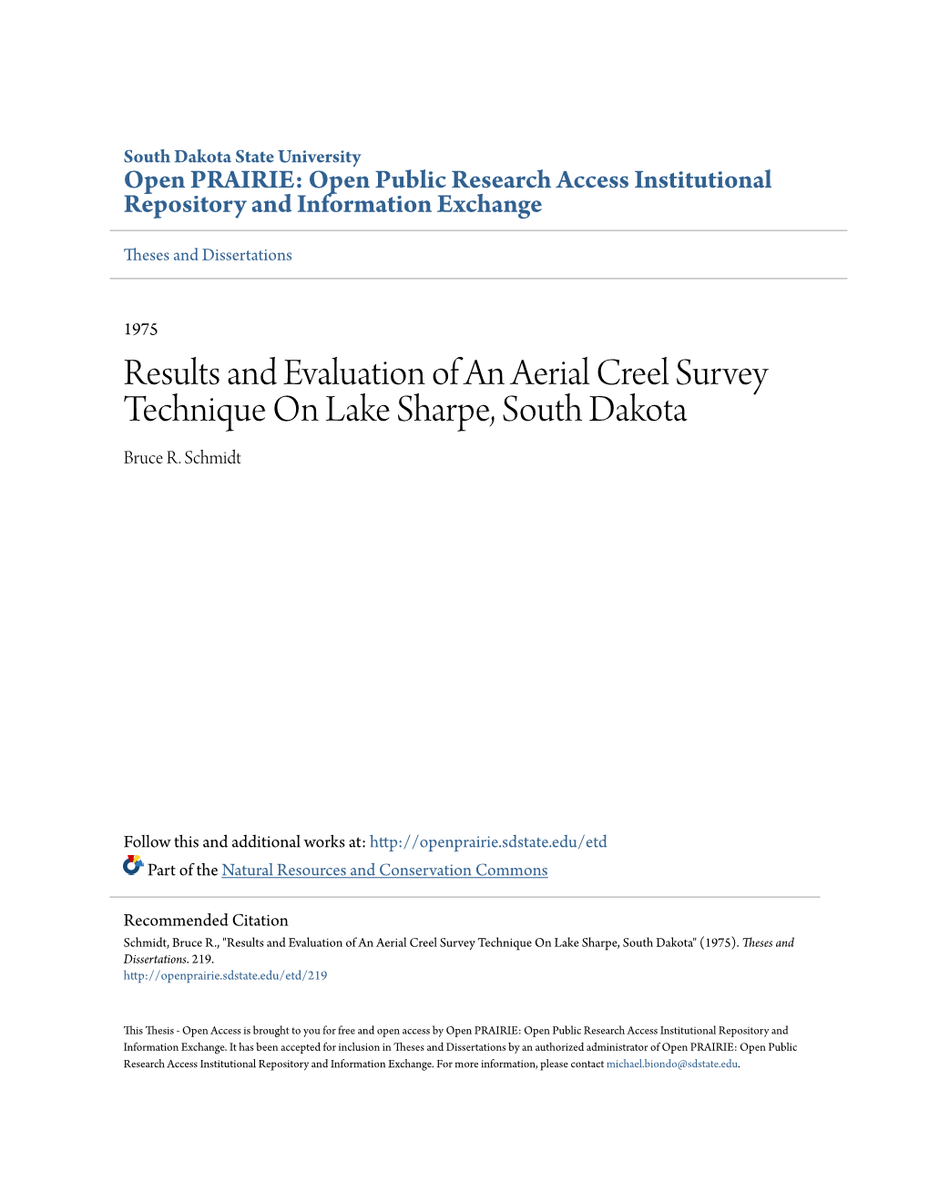 Results and Evaluation of an Aerial Creel Survey Technique on Lake Sharpe, South Dakota Bruce R