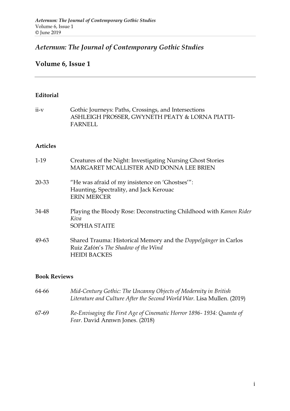 Aeternum: the Journal of Contemporary Gothic Studies Volume 6, Issue 1 © June 2019