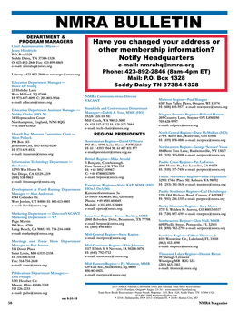 NMRA BULLETIN DEPARTMENT & PROGRAM MANAGERS Have You Changed Your Address Or Chief Administrative Officer — Jenny Hendricks Other Membership Information? P.O