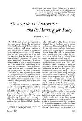 The Agrarian Tradition and Its Meaning for Today