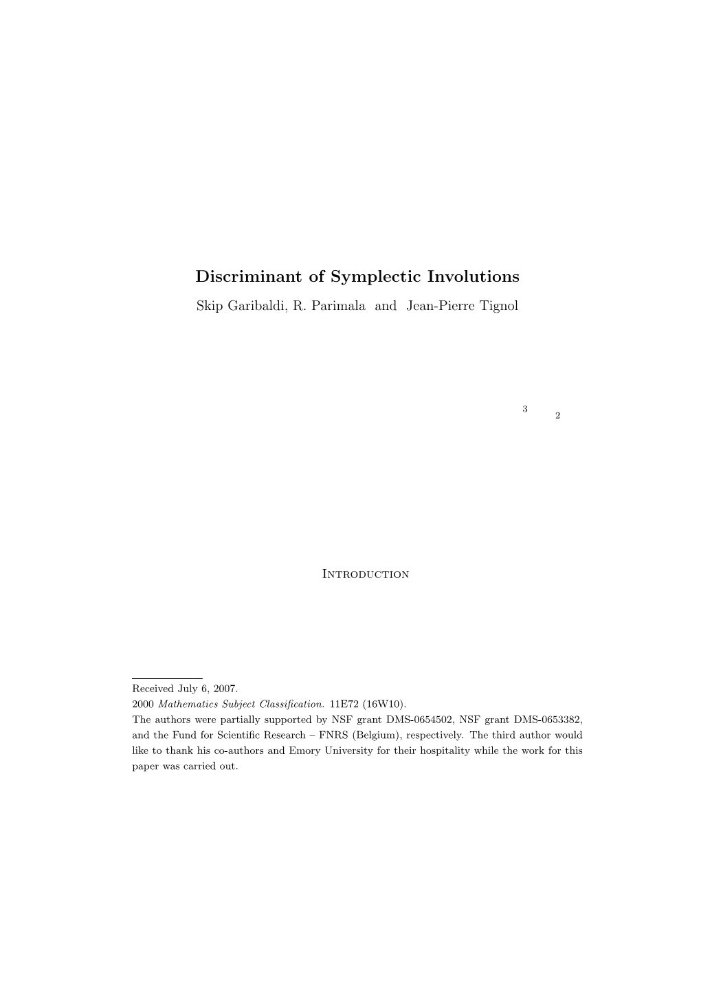 Discriminant of Symplectic Involutions Skip Garibaldi, R