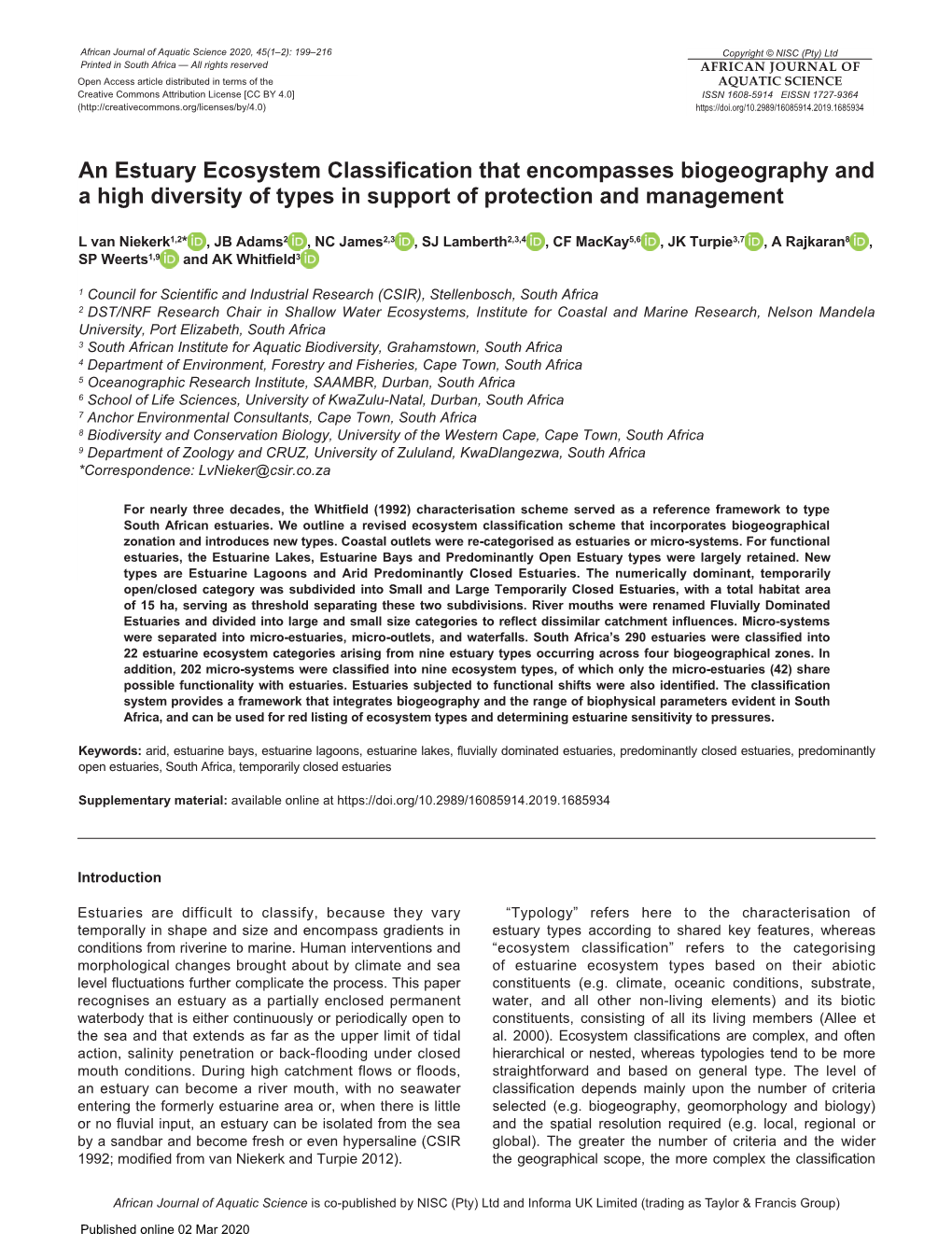 An Estuary Ecosystem Classification That Encompasses Biogeography and a High Diversity of Types in Support of Protection and Management
