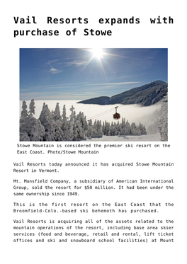 Vail Resorts Expands with Purchase of Stowe