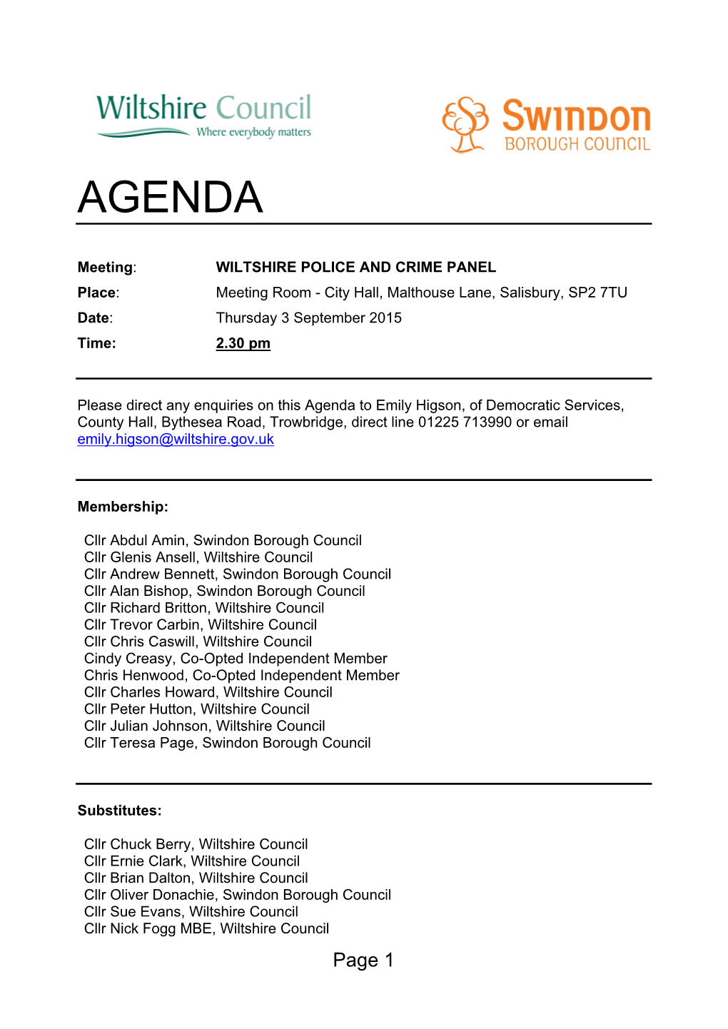 (Public Pack)Agenda Document for Wiltshire Police and Crime Panel, 03/09/2015 14:30