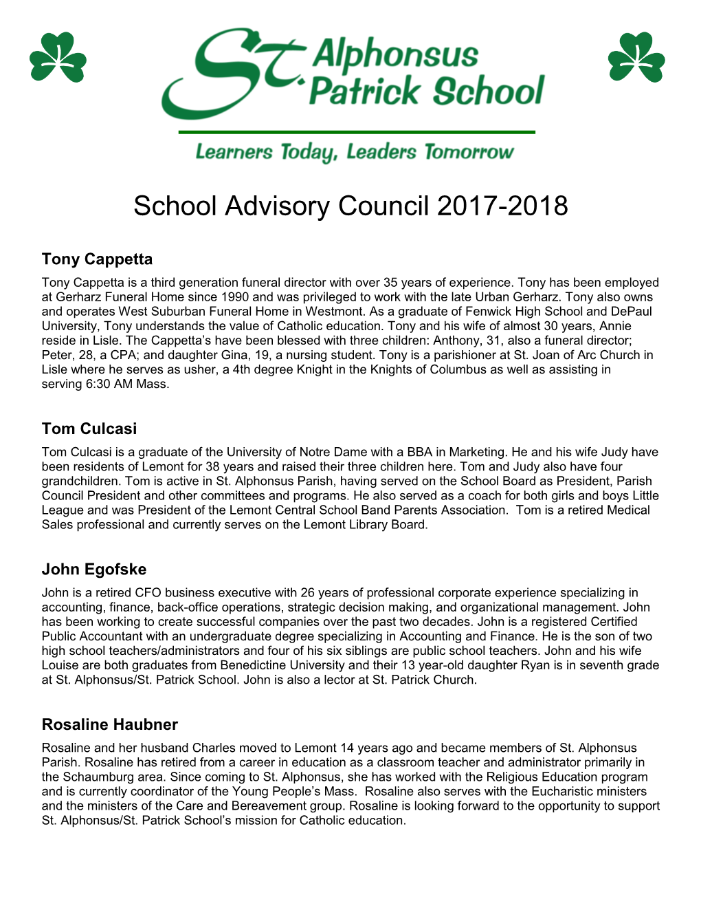 School Advisory Council 2017-2018