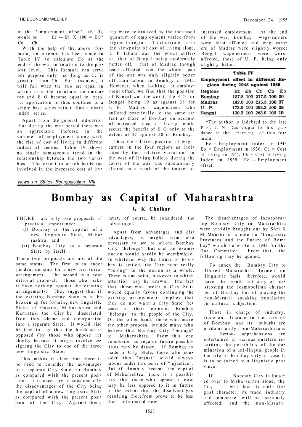 Bombay As Capital of Maharashtra