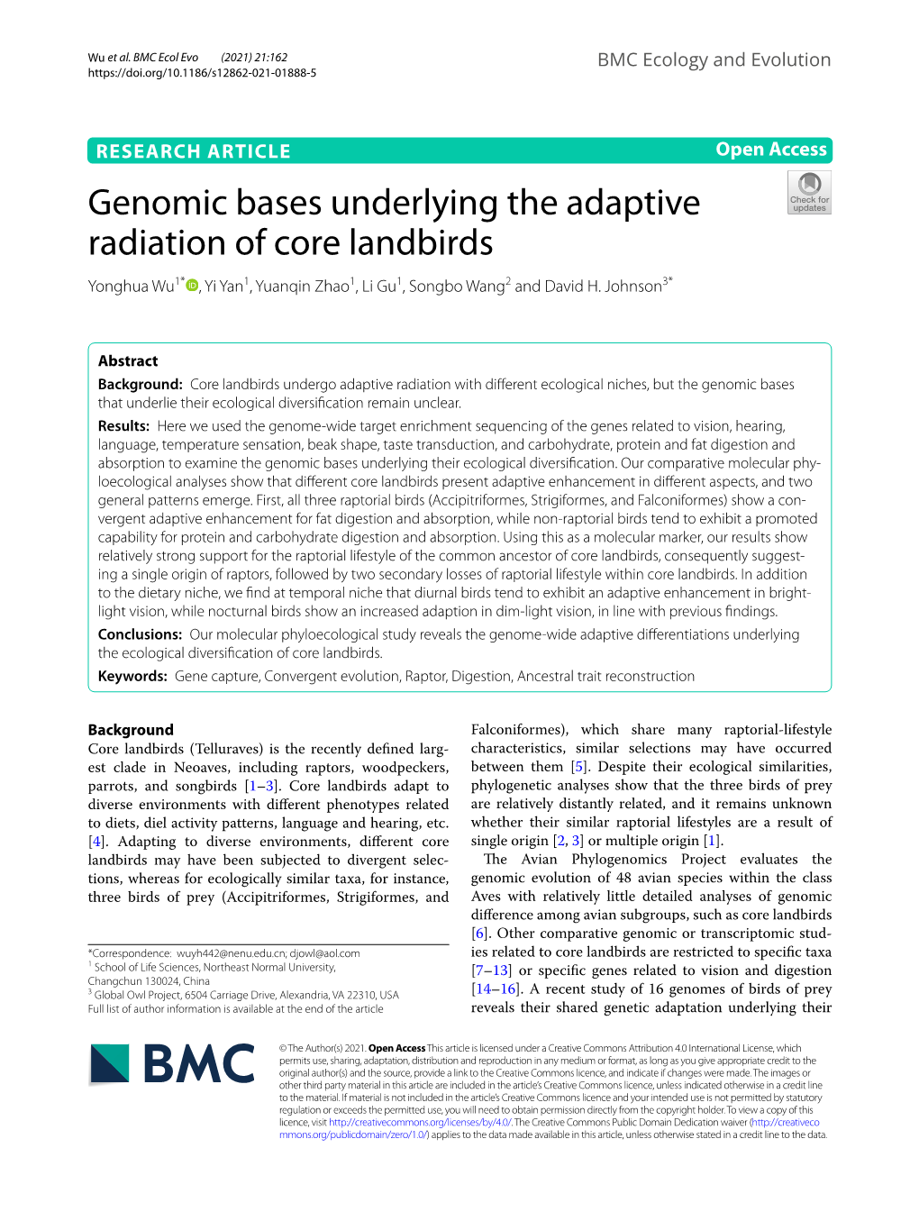 Genomic Bases Underlying the Adaptive Radiation of Core Landbirds Yonghua Wu1* , Yi Yan1, Yuanqin Zhao1, Li Gu1, Songbo Wang2 and David H