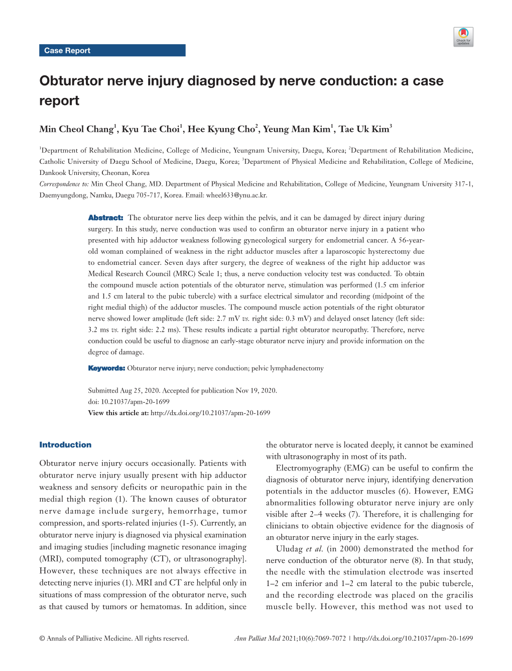 Obturator Nerve Injury Diagnosed by Nerve Conduction: a Case Report