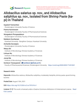 Allobacillus Salarius Sp. Nov., and Allobacillus Saliphilus Sp. Nov., Isolated from Shrimp Paste (Ka- Pi) in Thailand