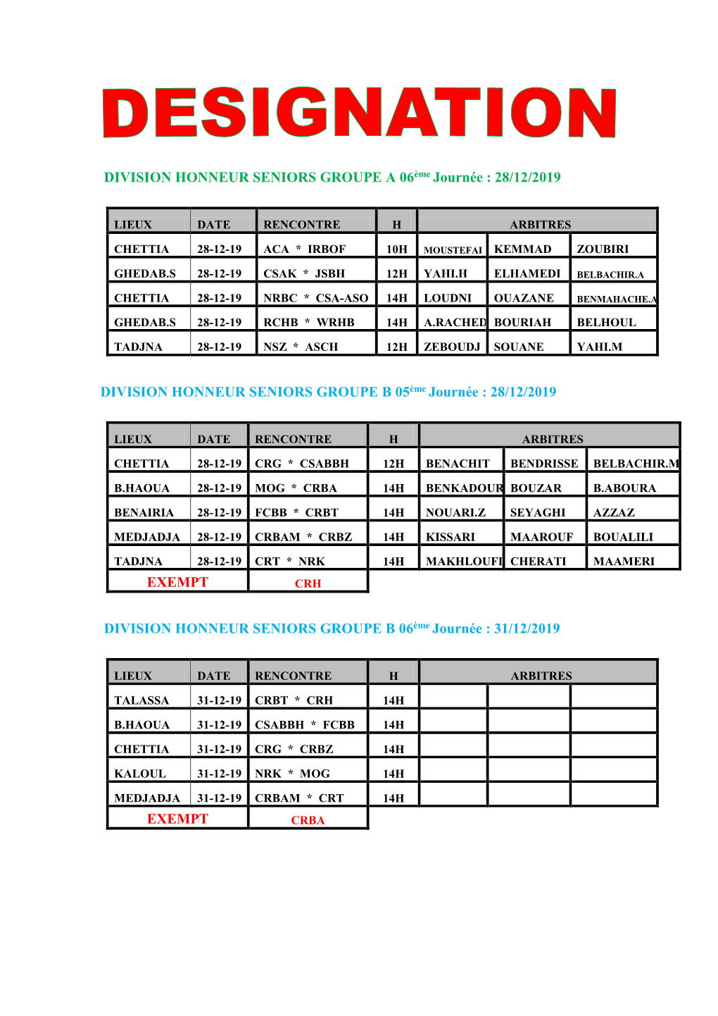 DIVISION HONNEUR SENIORS GROUPE a 06Ème Journée : 28/12/2019