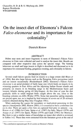 On the Insect Diet of Eleonora's Falcon Falco Eleonorae and Its Importance for Coloniality1