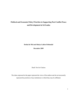 Political and Economic Policy Priorities in Supporting Post Conflict Peace and Development in Sri Lanka