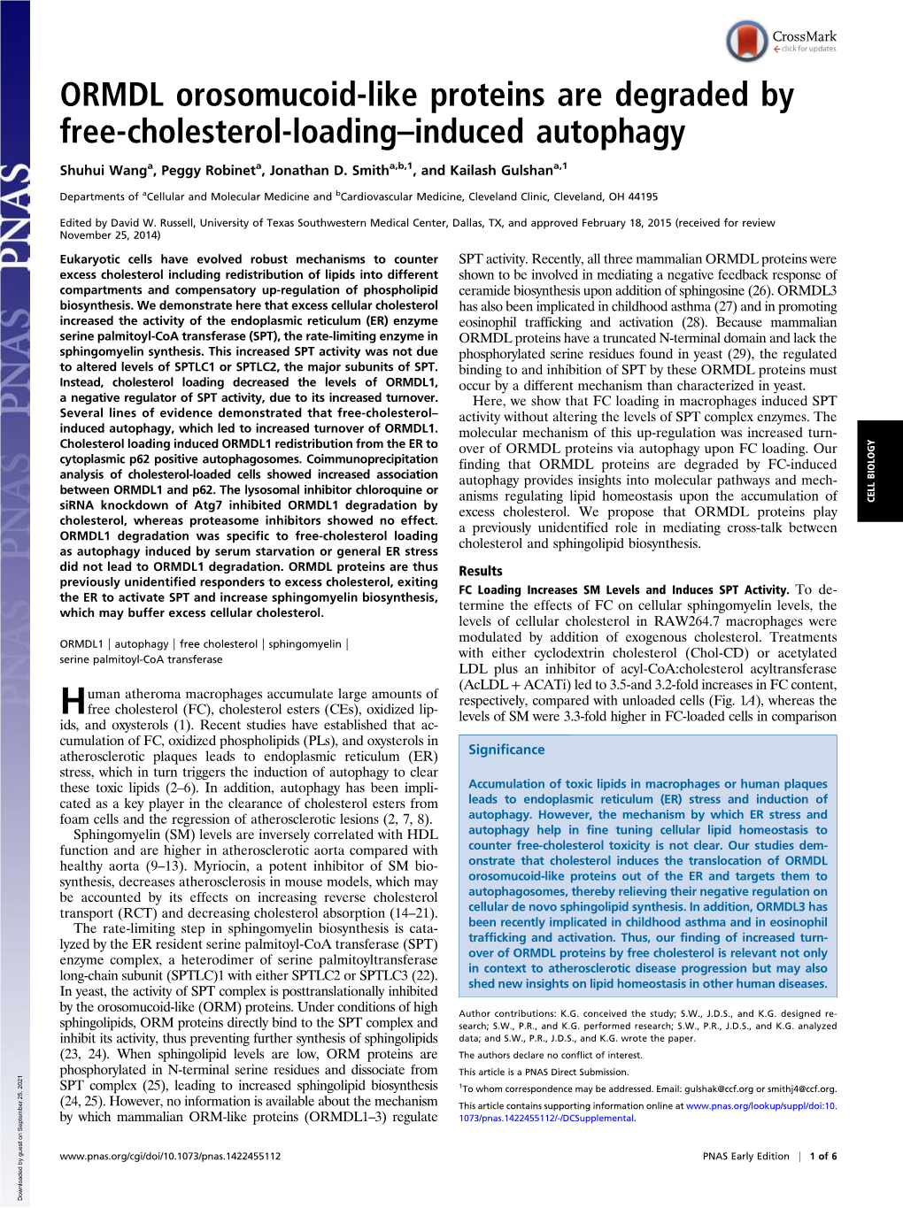 ORMDL Orosomucoid-Like Proteins Are Degraded by Free-Cholesterol-Loading–Induced Autophagy