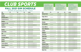 Club Sports Fall 2021 GIM Schedule
