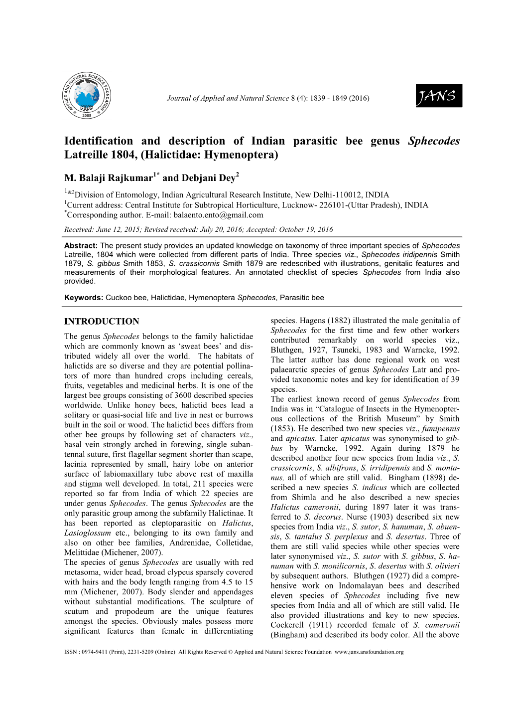 Identification and Description of Indian Parasitic Bee Genus Sphecodes Latreille 1804, (Halictidae: Hymenoptera)