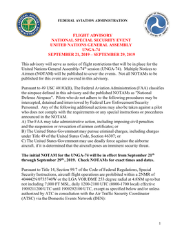 Flight Advisory National Special Security Event United Nations General Assembly Unga-74 September 21, 2019 – September 29, 2019