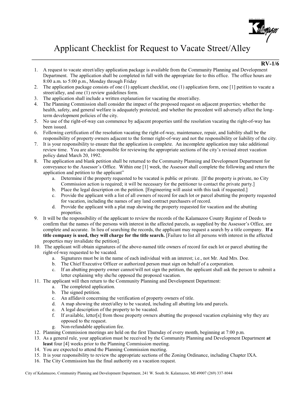 Applicant Checklist for Request to Vacate Street/Alley ______RV-1/6 1