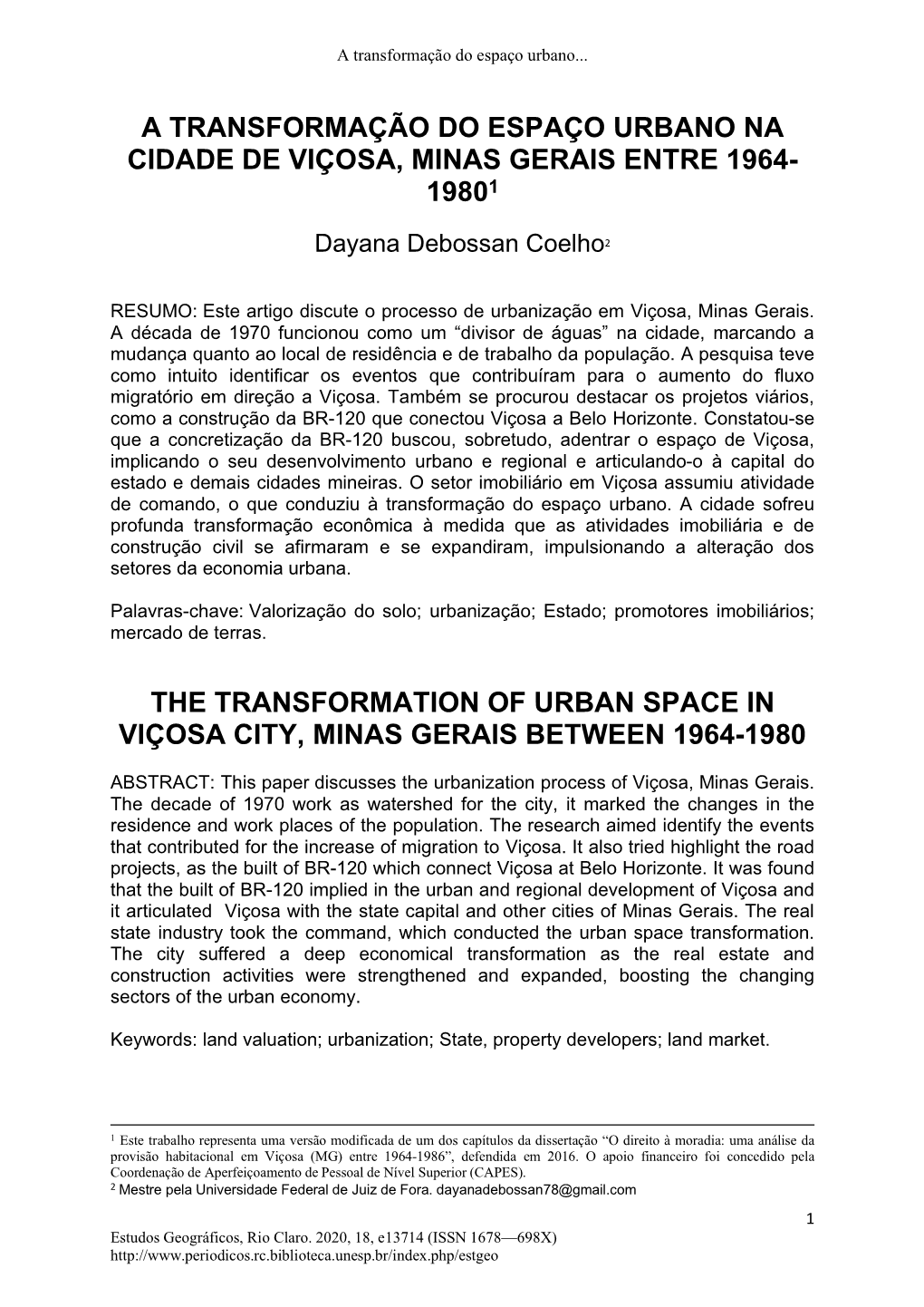 A Transformação Do Espaço Urbano Na Cidade De Viçosa, Minas Gerais Entre 1964- 19801