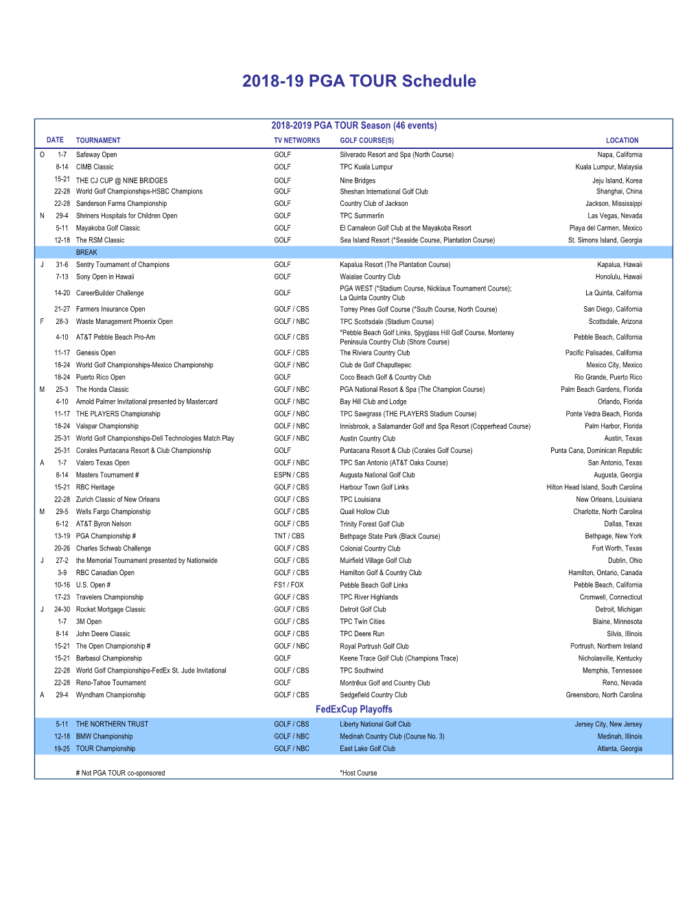 2018-19 PGA TOUR Schedule