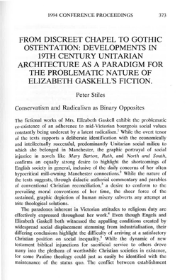 Developments in 19Th Century Unitarian Architecture As a Paradigm for the Problematic Nature of Elizabeth Gaskell's Fiction