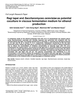 Ragi Tapai and Saccharomyces Cerevisiae As Potential Coculture in Viscous Fermentation Medium for Ethanol Production