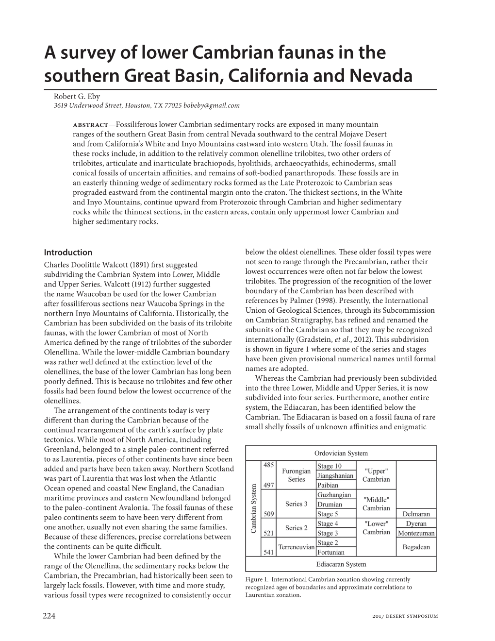 A Survey of Lower Cambrian Faunas in the Southern Great Basin, California and Nevada Robert G