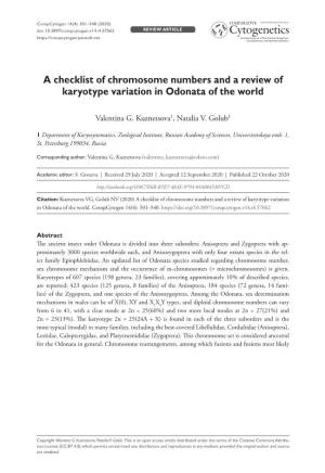A Checklist of Chromosome Numbers and a Review of Karyotype Variation in Odonata of the World
