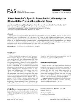 A New Record of a Spot-Fin Porcupinefish, Diodon Hystrix
