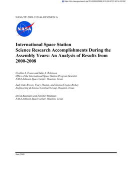 International Space Station Science Research Accomplishments During the Assembly Years: an Analysis of Results from 2000-2008