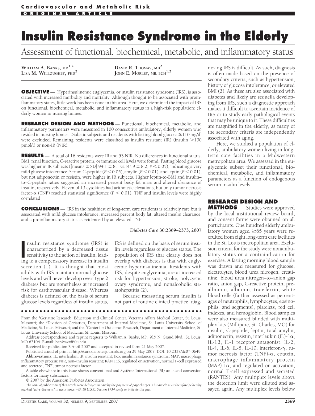 Insulin Resistance Syndrome in the Elderly Assessment of Functional, Biochemical, Metabolic, and Inﬂammatory Status