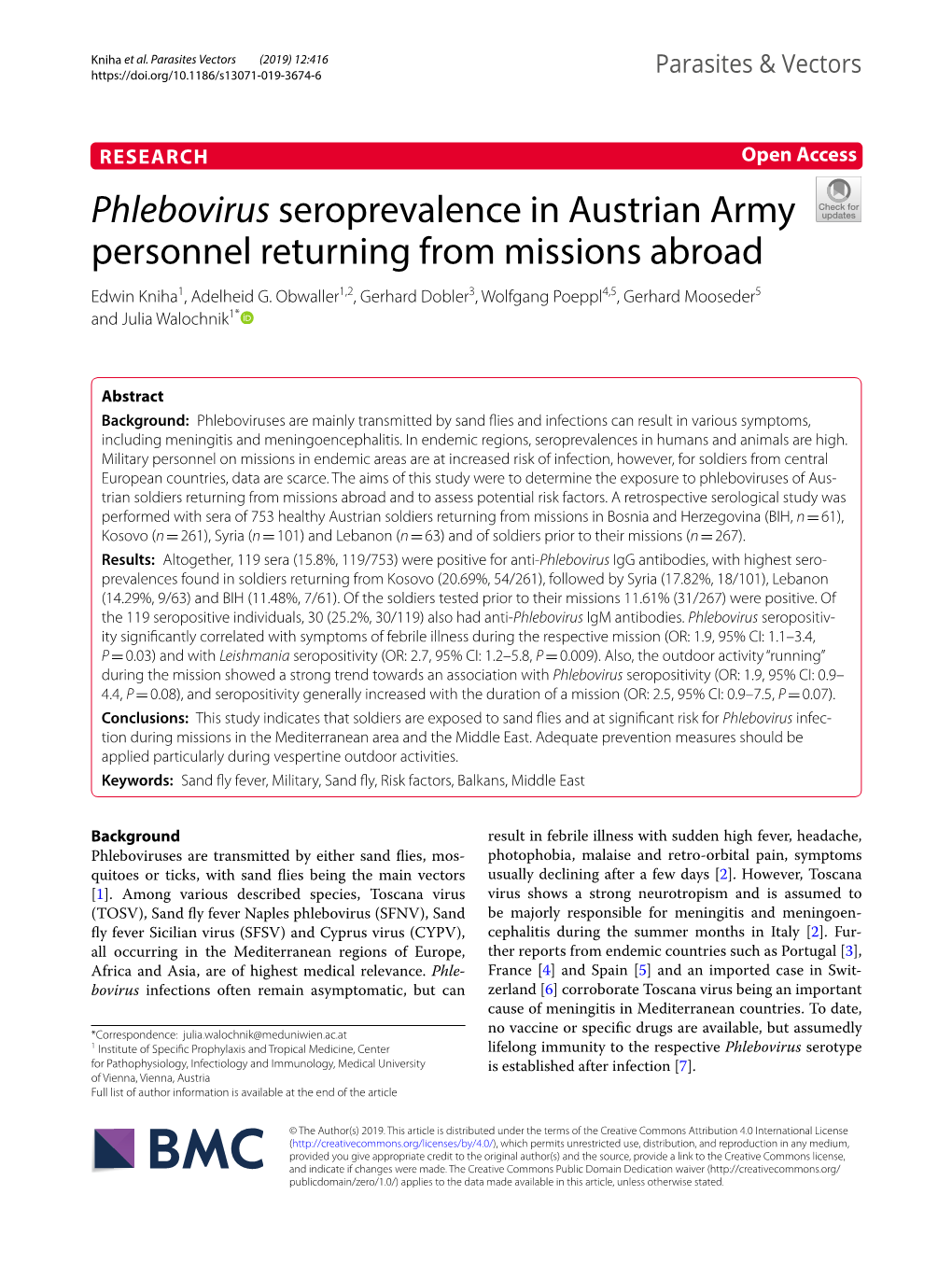 Phlebovirus Seroprevalence in Austrian Army Personnel Returning from Missions Abroad Edwin Kniha1, Adelheid G