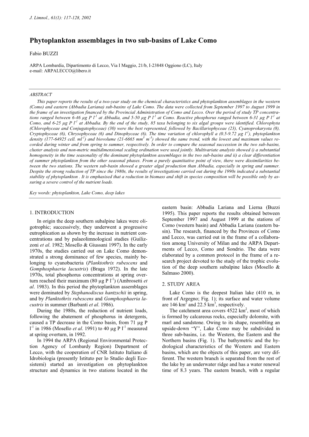 Phytoplankton Assemblages in Two Sub-Basins of Lake Como