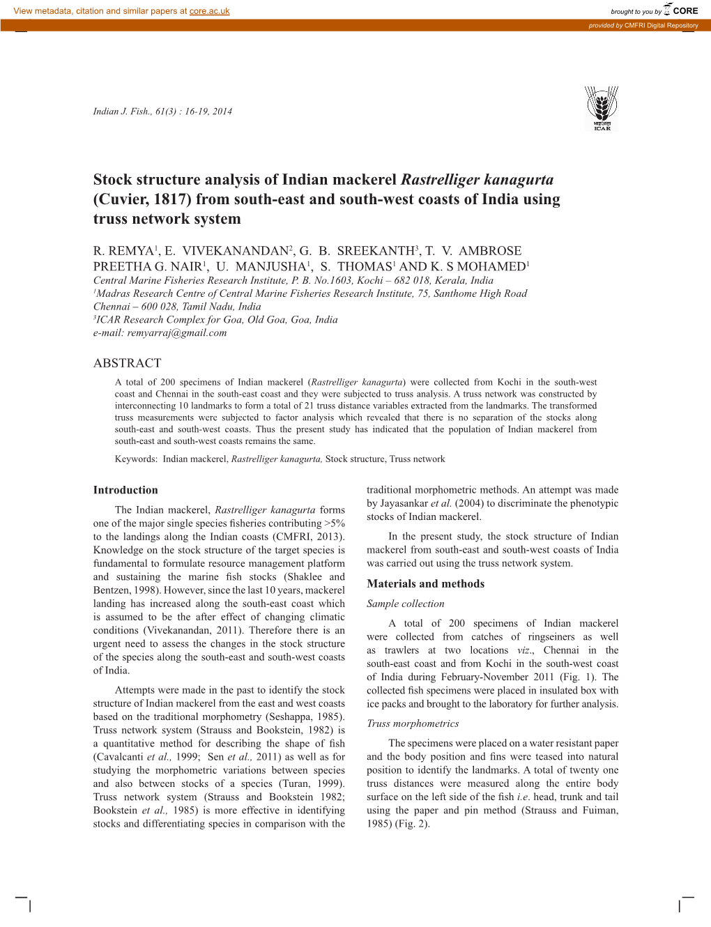 Stock Structure Analysis of Indian Mackerel Rastrelliger Kanagurta (Cuvier, 1817) from South-East and South-West Coasts of India Using Truss Network System