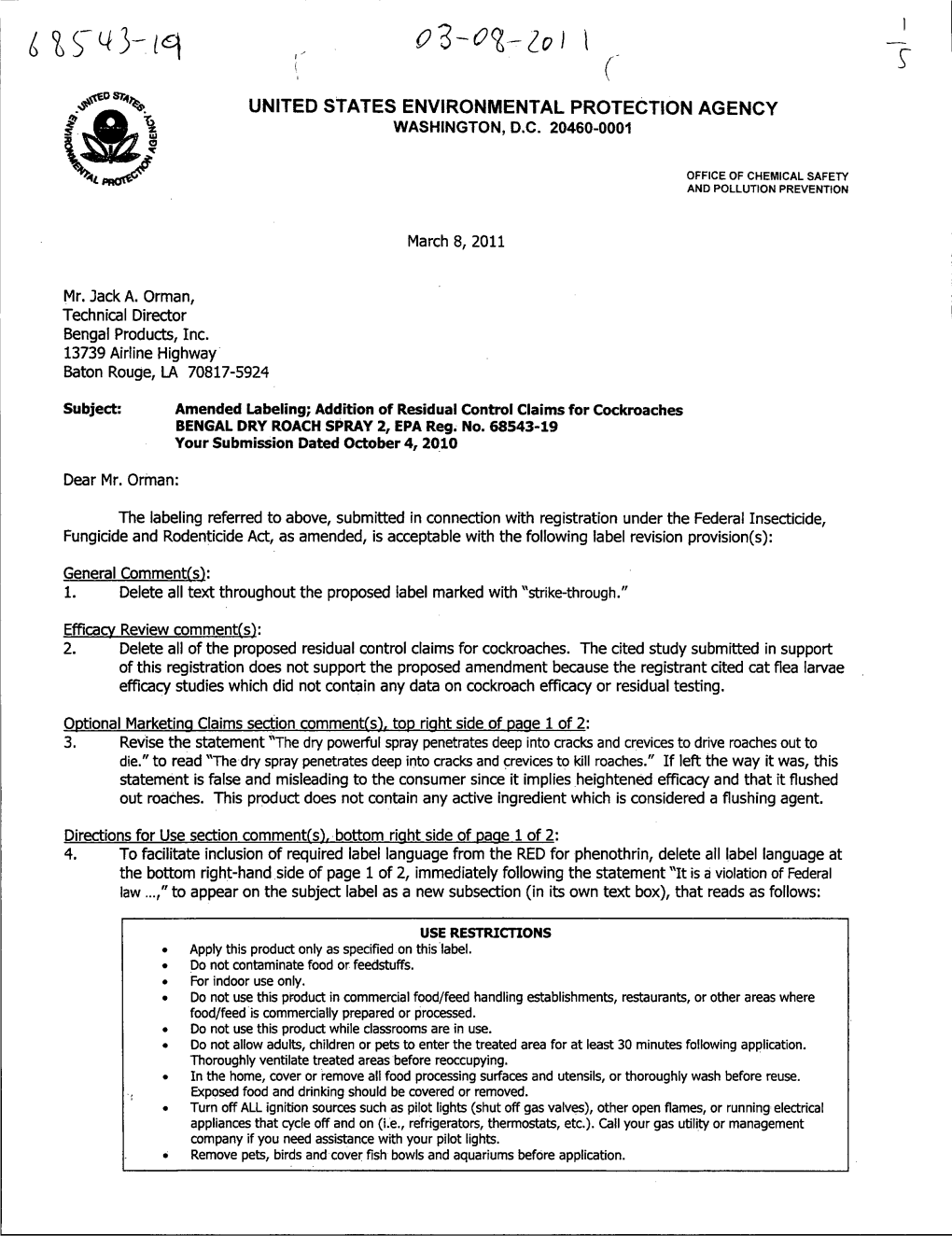 U.S. EPA, Pesticides, Label, BENGAL DRY ROACH SPRAY 2, 3/8/2011