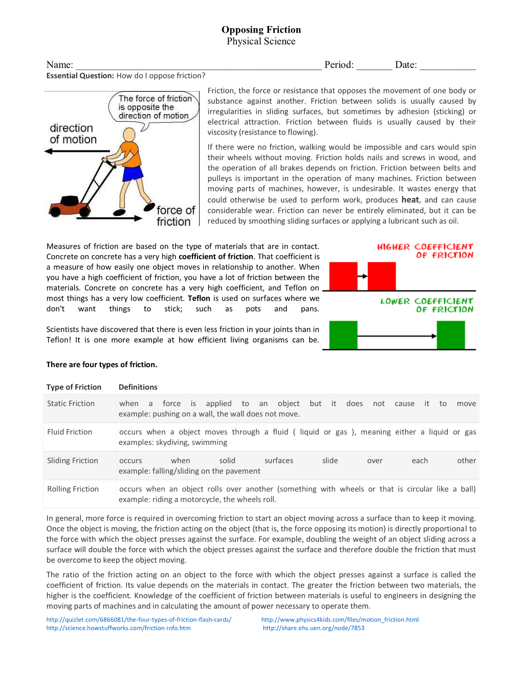 Opposing Friction Physical Science Name