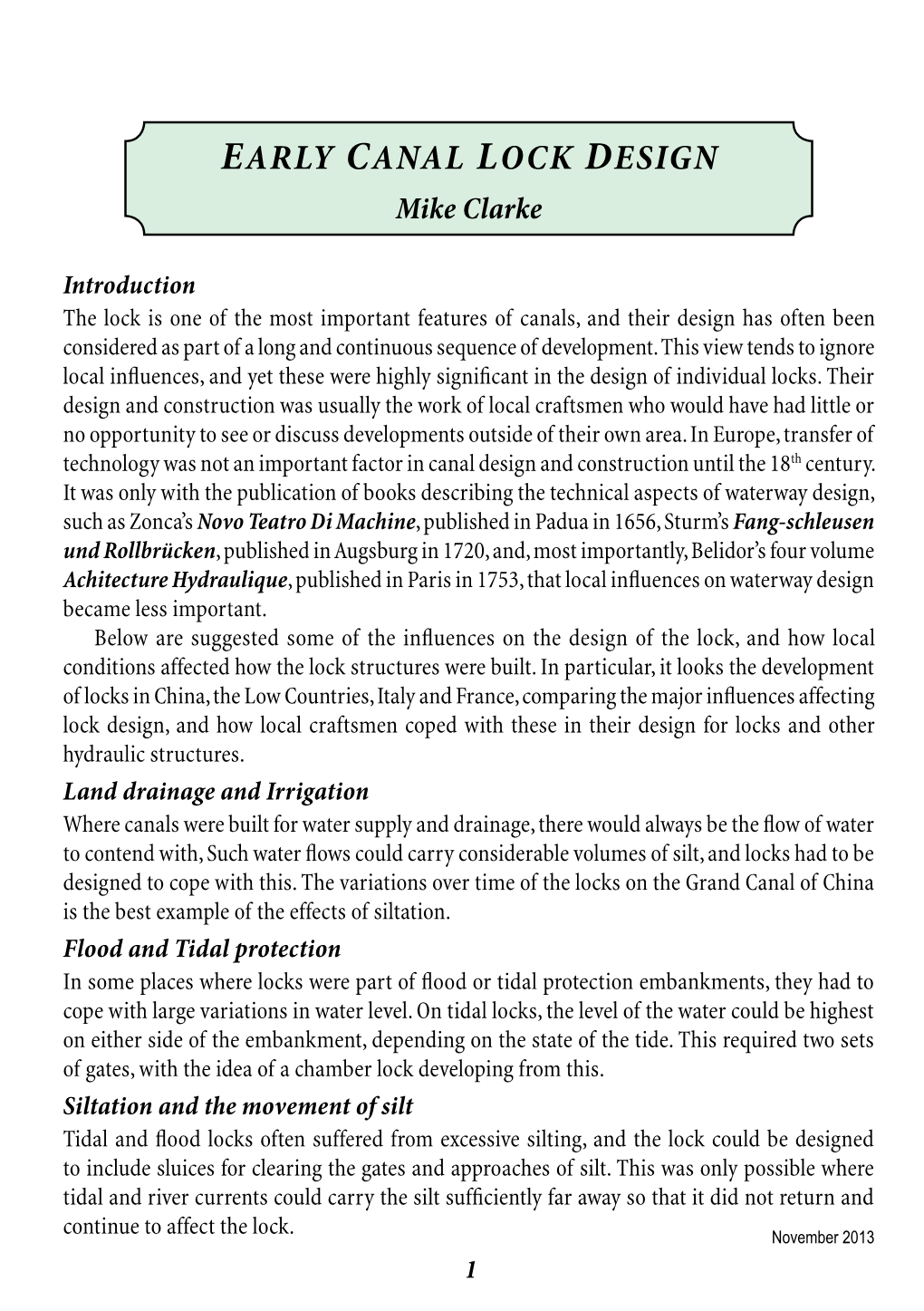 EARLY CANAL LOCK DESIGN Mike Clarke