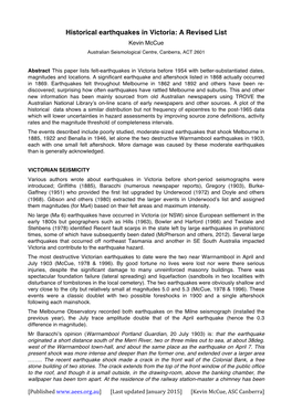 Historical Earthquakes in Victoria: a Revised List Kevin Mccue Australian Seismological Centre, Canberra, ACT 2601