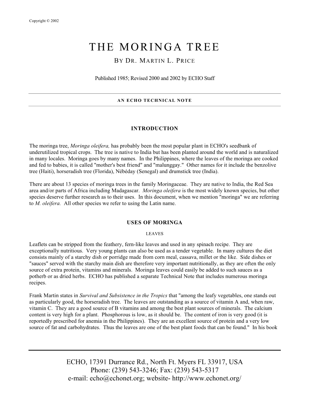 The Moringa Tree by Dr. Martin L. Price