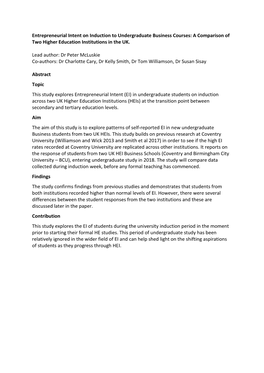 Entrepreneurial Intent on Induction to Undergraduate Business Courses: a Comparison of Two Higher Education Institutions in the UK