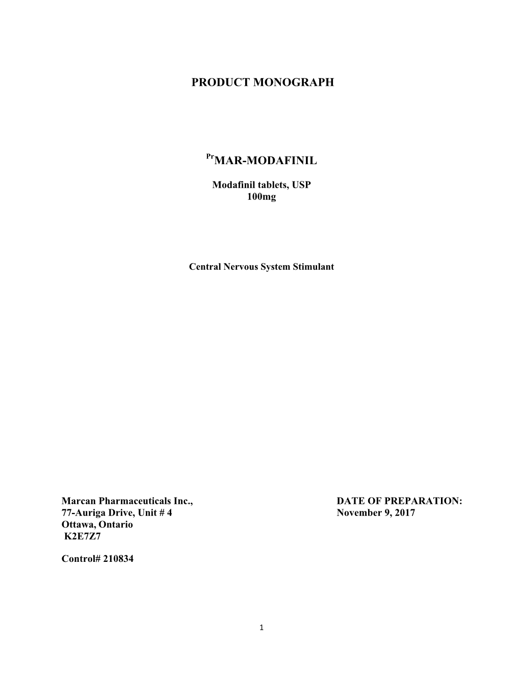 Product Monograph Mar-Modafinil