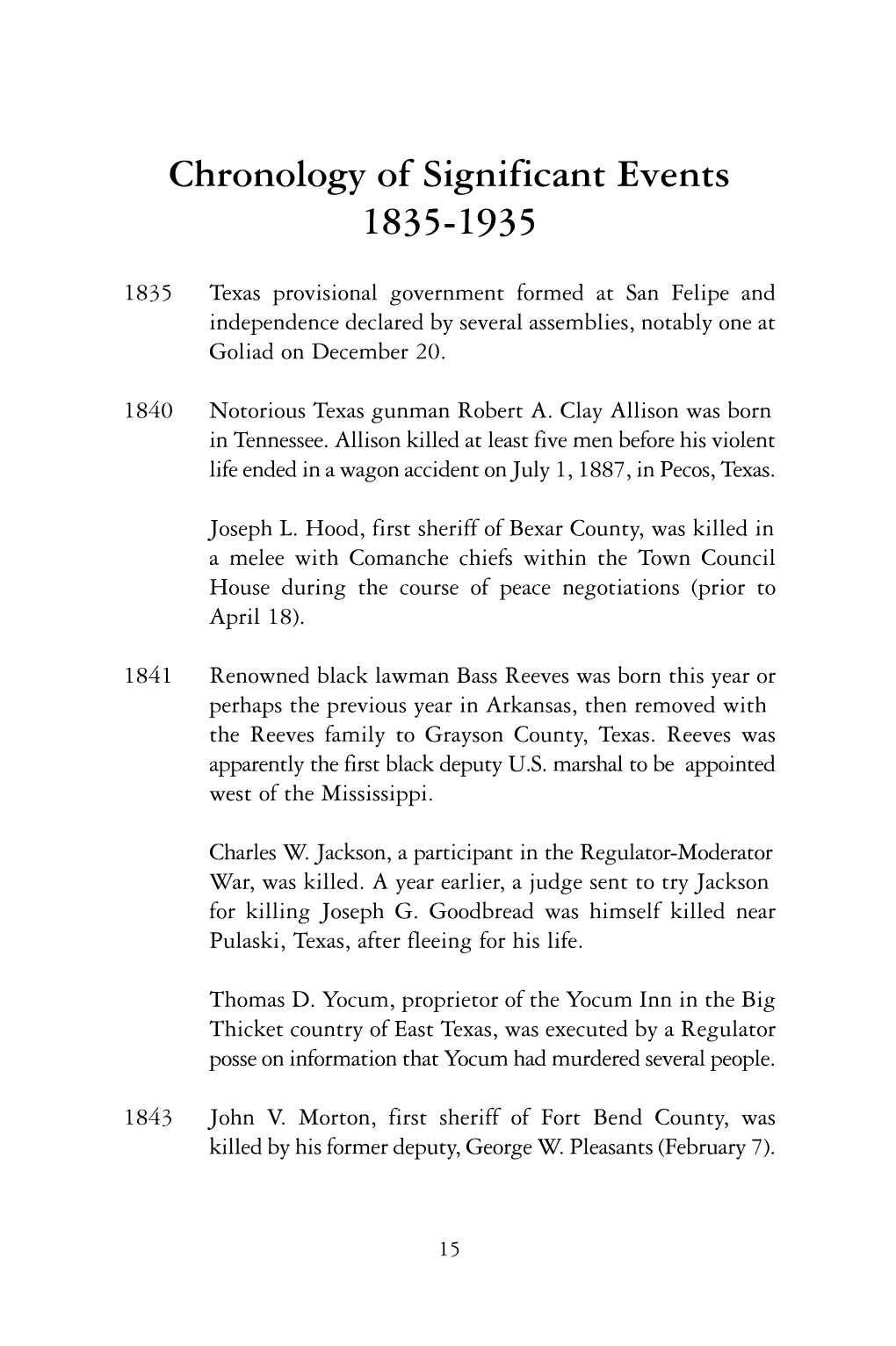 Chronology of Significant Events 1835-1935