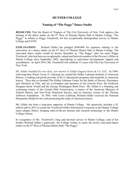 HUNTER COLLEGE Naming of “The Peggy” Dance Studio