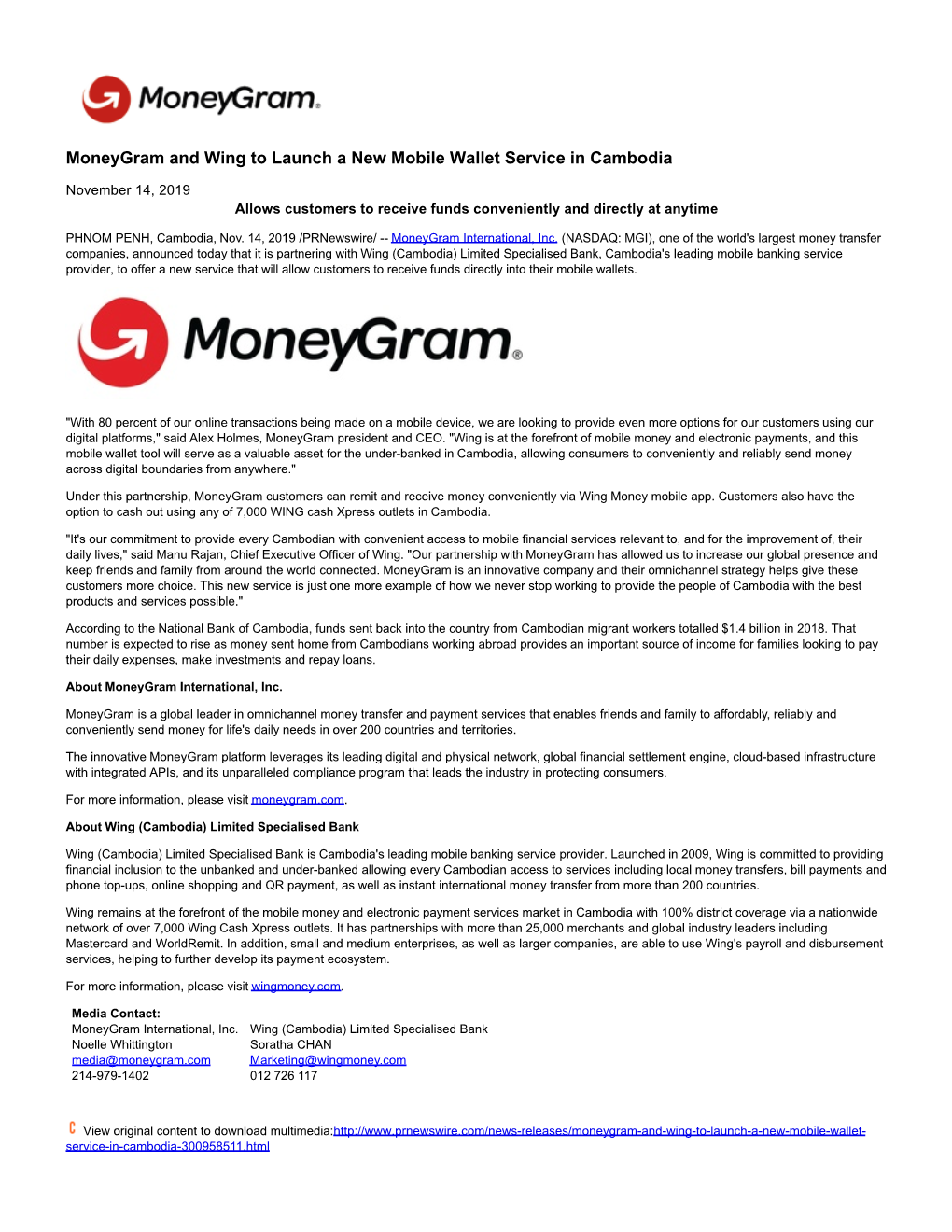 Moneygram and Wing to Launch a New Mobile Wallet Service in Cambodia