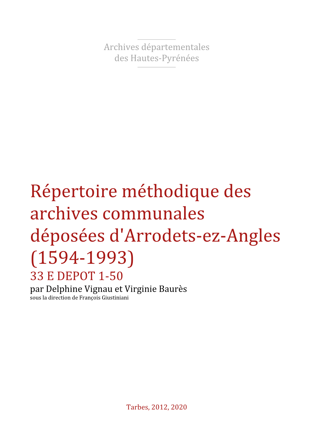 Répertoire Des Archives Déposées D'arrodets-Ez-Angles
