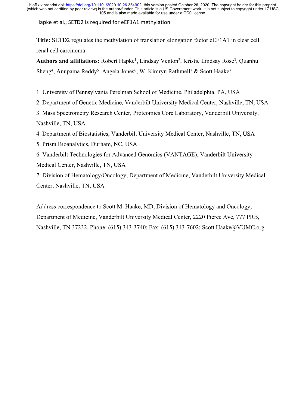 SETD2 Regulates the Methylation of Translation Elongation Factor