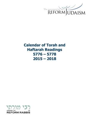 Calendar of Torah and Haftarah Readings 5776 – 5778 2015 – 2018