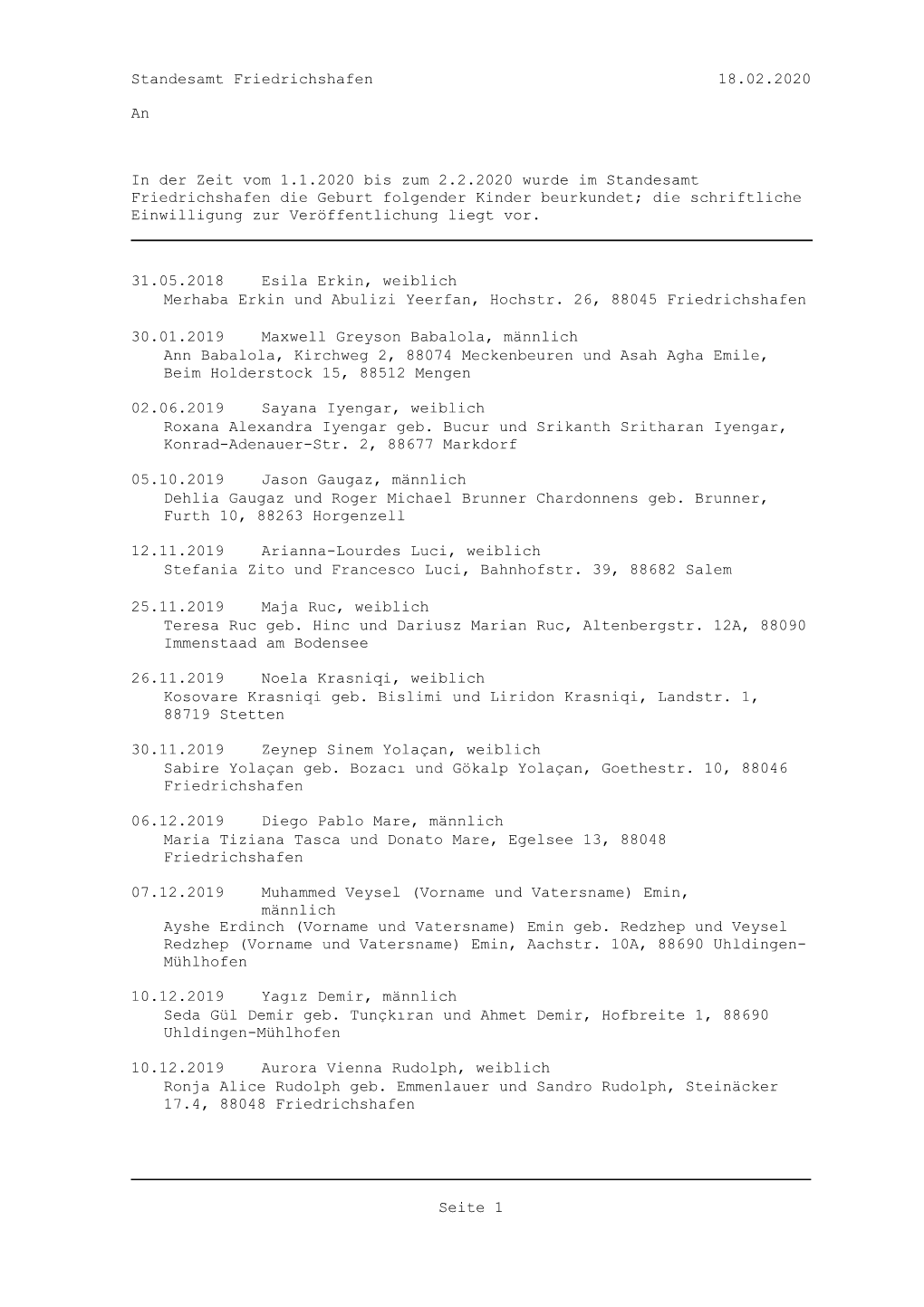 18.02.2020 Standesamt Friedrichshafen an in Der Zeit Vom