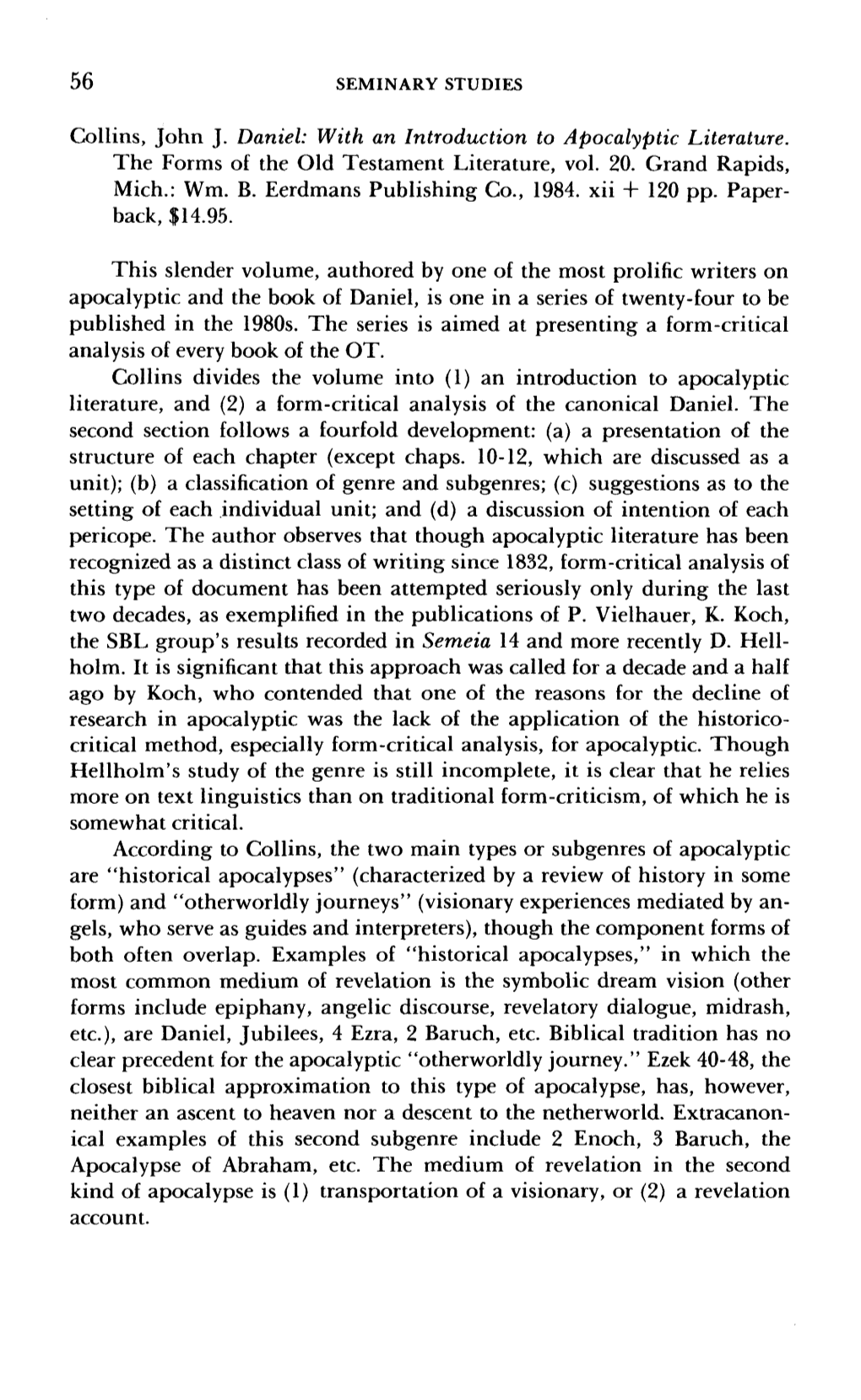 Collins, John J. Daniel: with an Introduction to Apocalyptic Literature